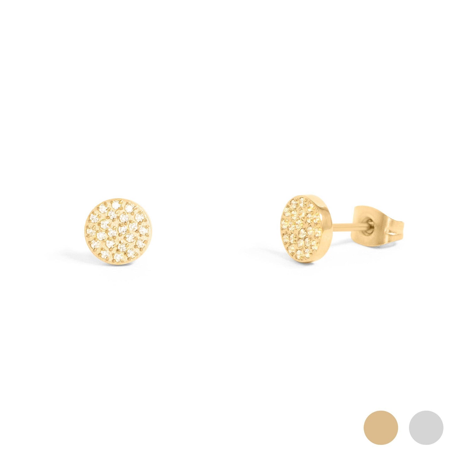 18K Gold PVD Stainless Steel Pave Stone Round Stud Earrings: Gold