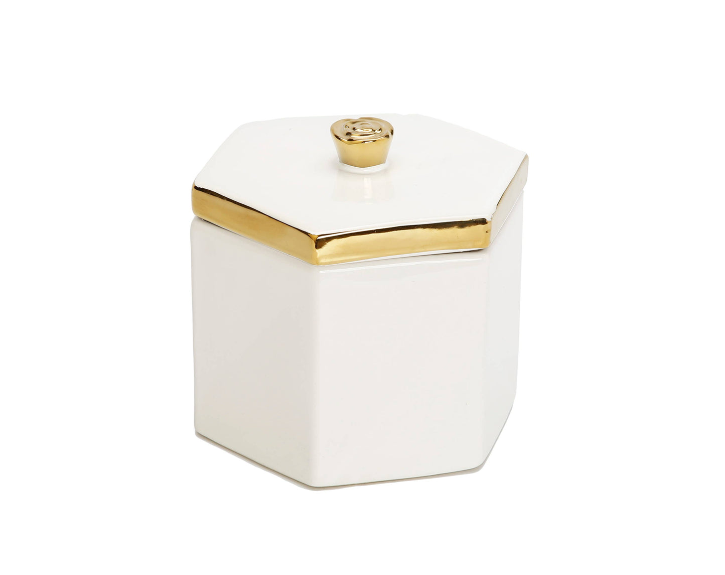 White Hexagon Shaped Box with Gold Flower Knob on Cover: Tall