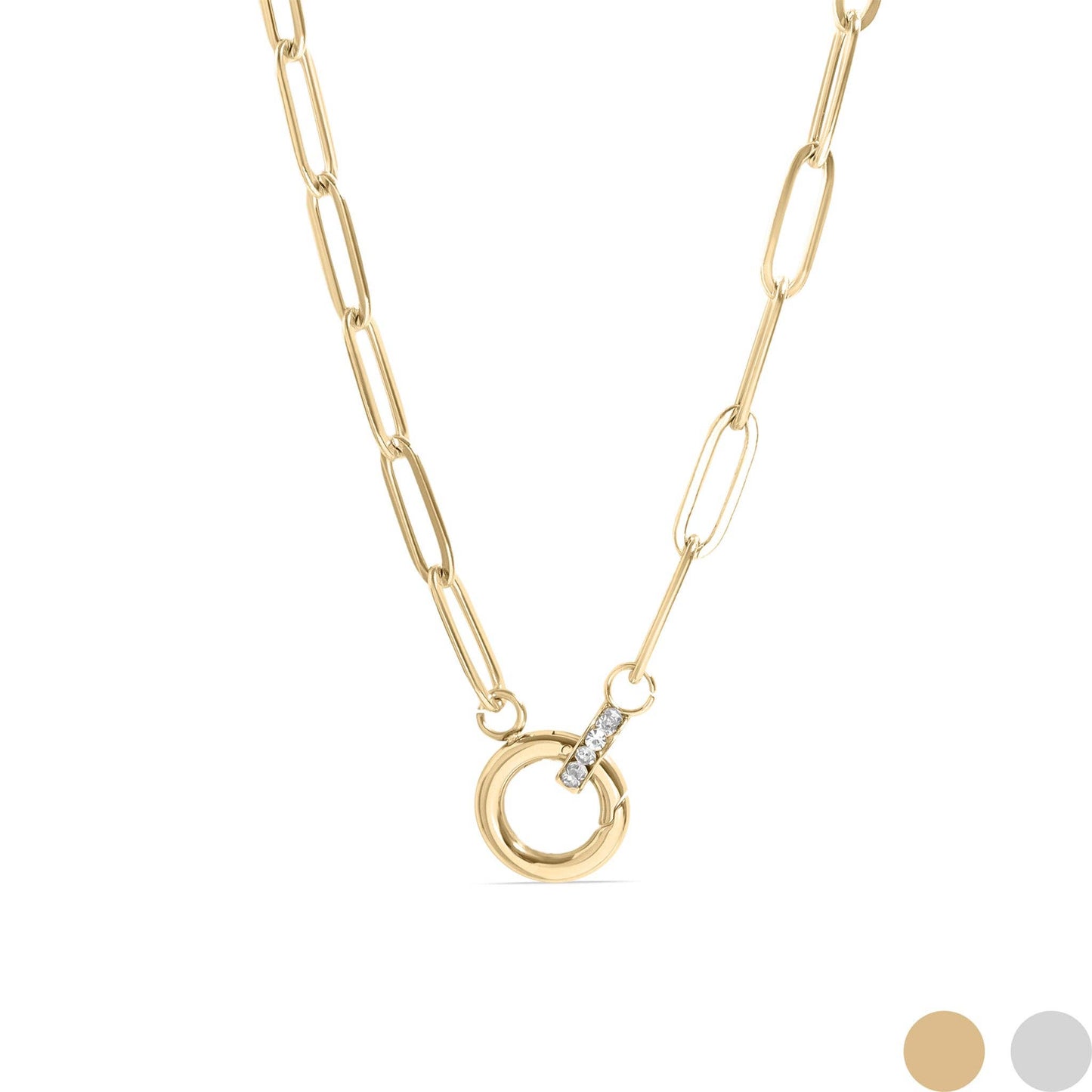 18K Gold PVD Paperclip Rhinestone Charm Holder Necklace: Gold