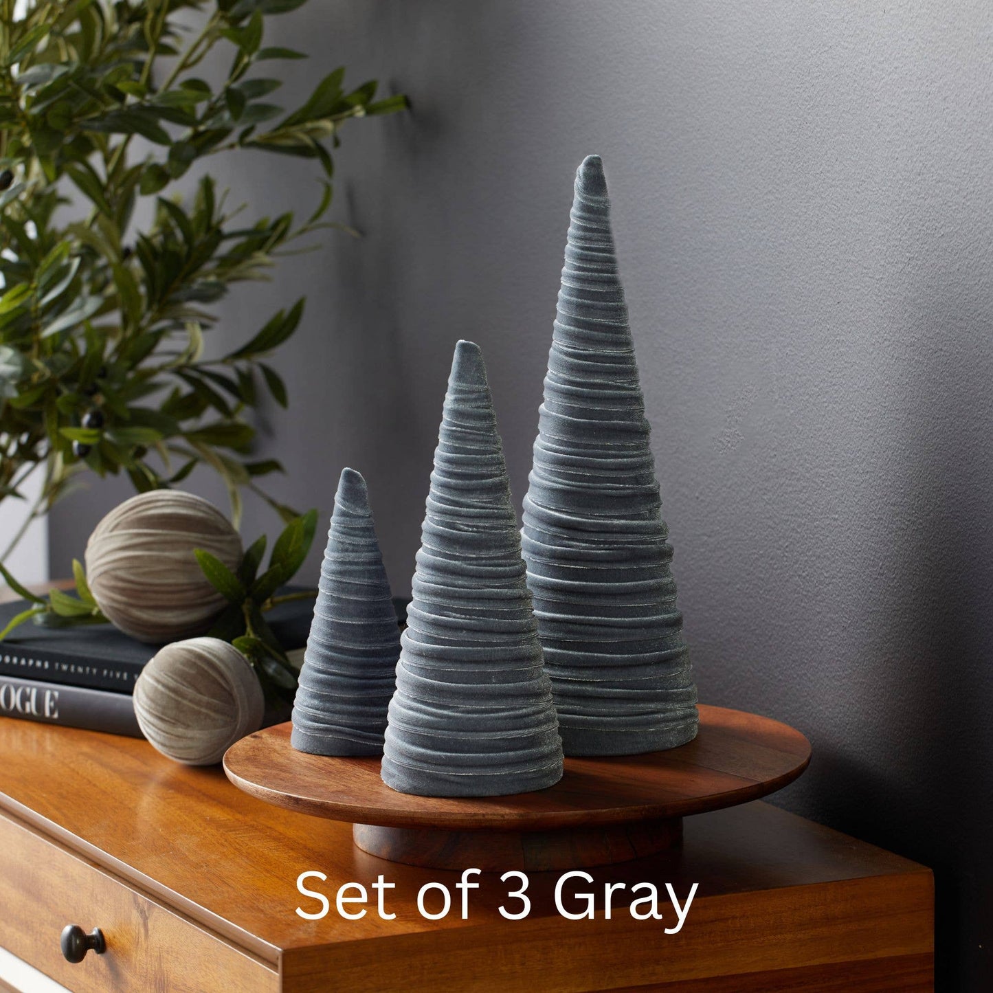 Cones Velvet Set of 3 Holiday Tabletop, Mantel Tree Decor: Olive