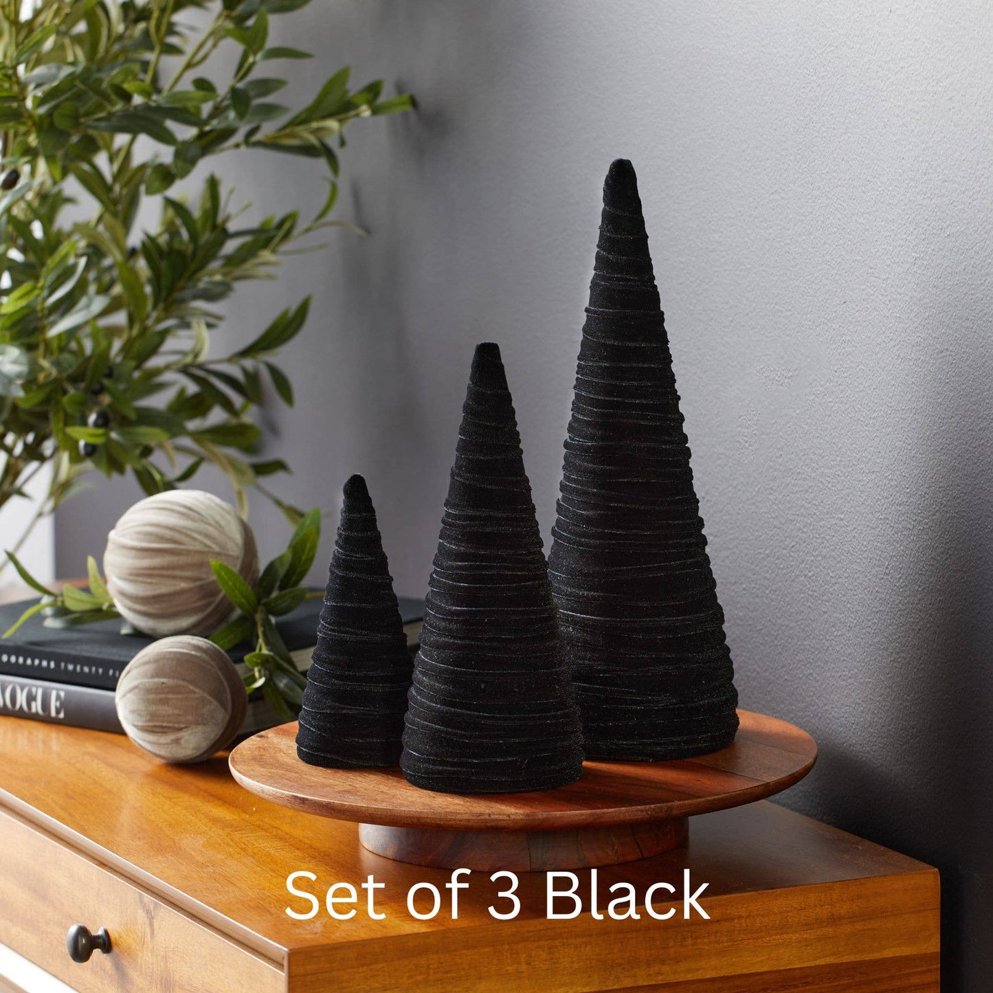 Cones Velvet Set of 3 Holiday Tabletop, Mantel Tree Decor: Olive