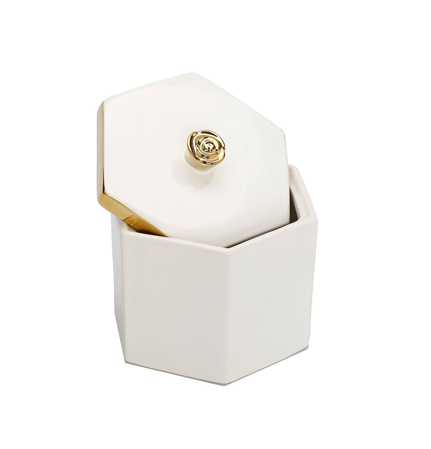 White Hexagon Shaped Box with Gold Flower Knob on Cover: Tall