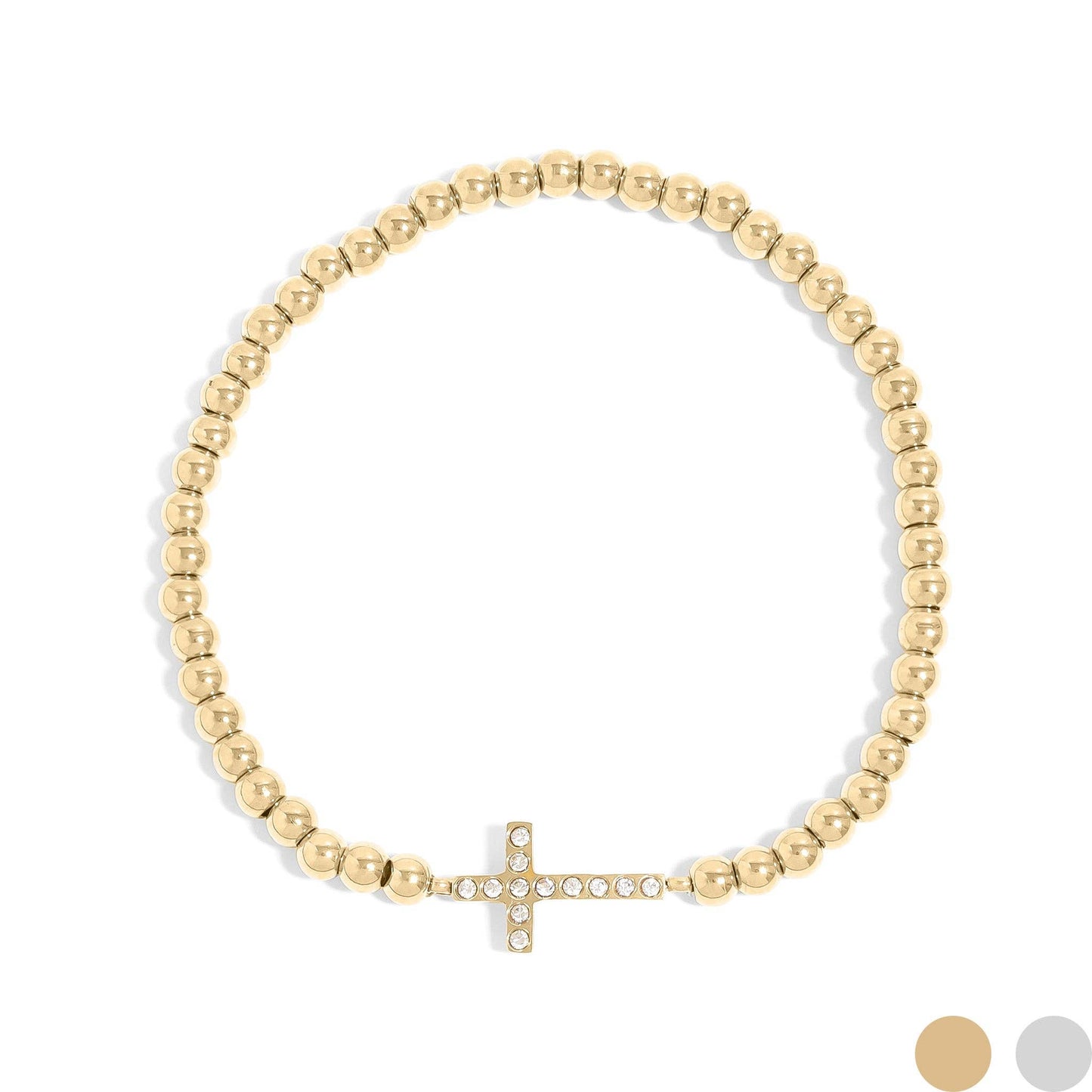 18K Gold PVD CZ Cross Beaded Stretch Bracelet: Gold