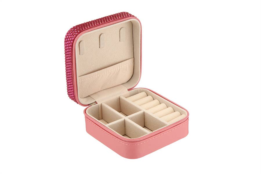 Ladies Rhinestone Multi Compartment Jewelry Box: Pink