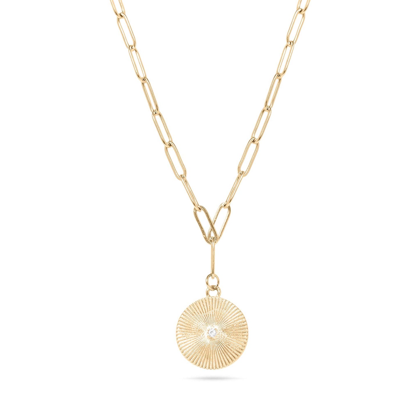 18K Gold PVD Stainless Steel Sunburst Medallion CZ Paperclip Necklace / CHN9967: Gold