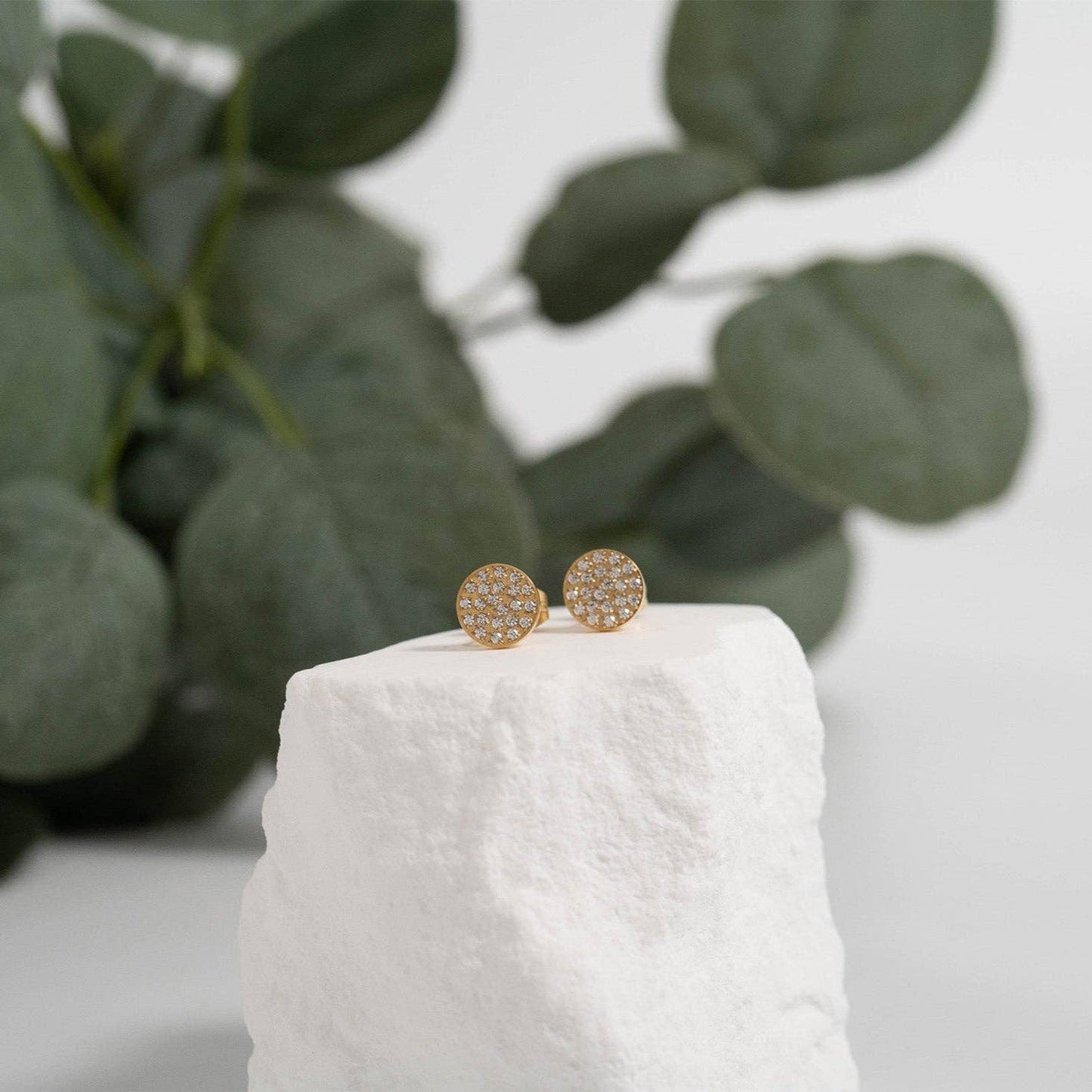 18K Gold PVD Stainless Steel Pave Stone Round Stud Earrings: Gold