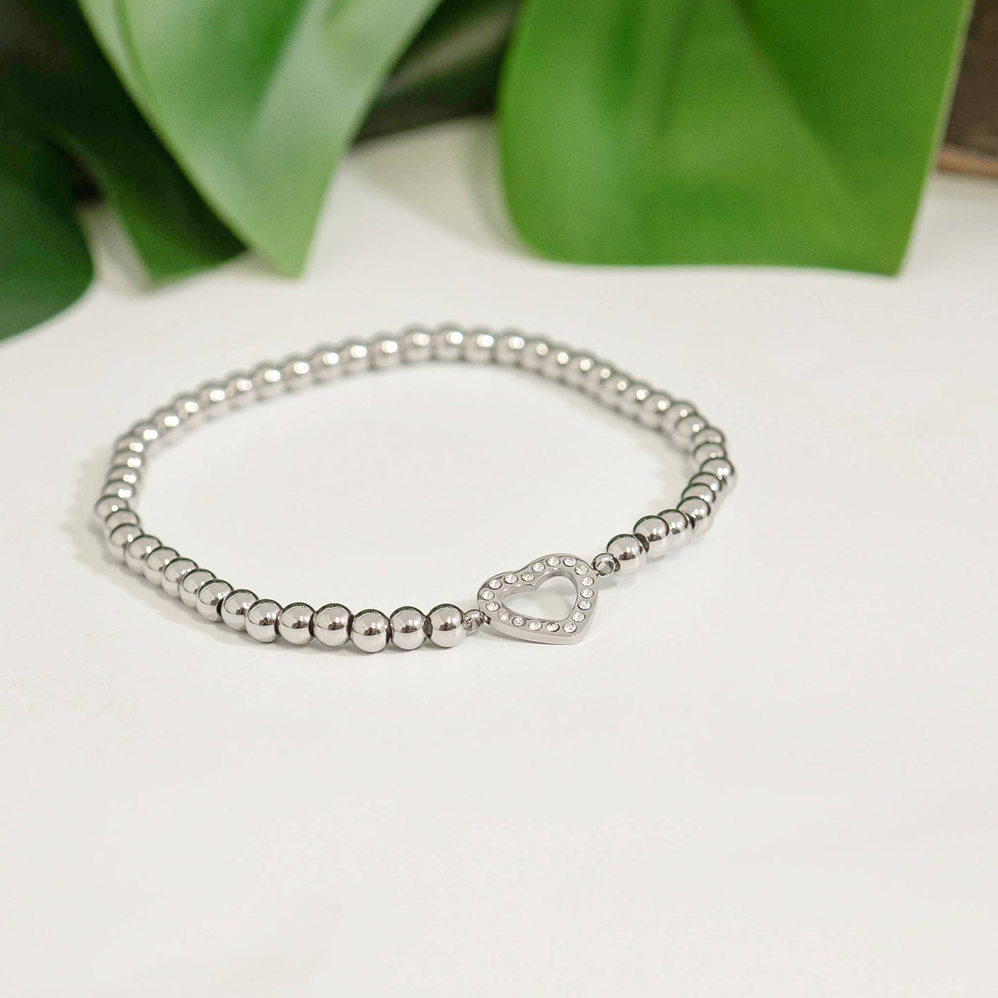 18K Gold PVD Stainless Steel Stone Heart Metal Beaded Stretch Bracelet: Stainless