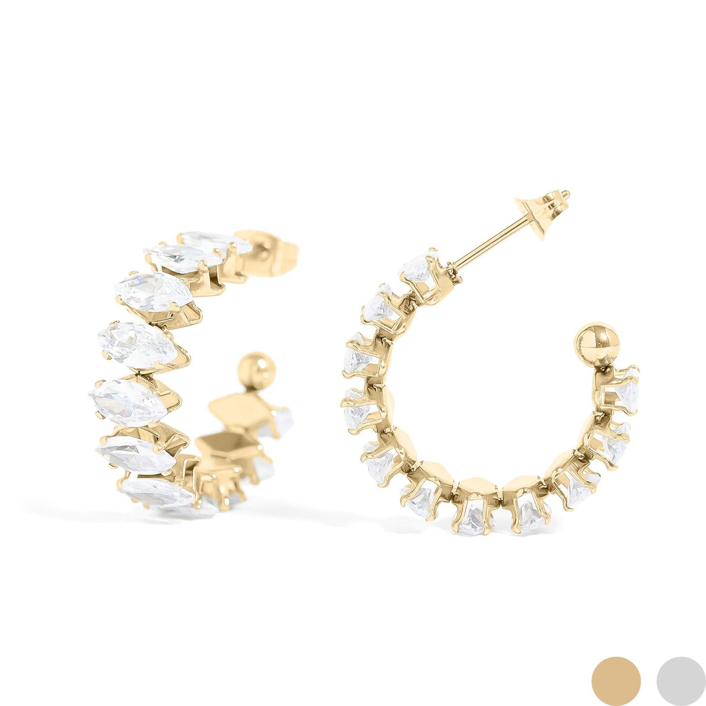 18K Gold PVD Stainless Steel Marquis CZ Stone Hoop Earrings: Stainless