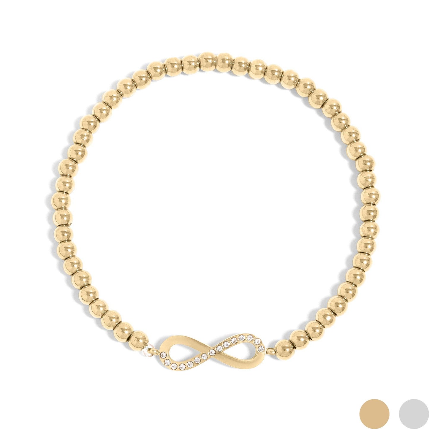 18K Gold PVD Stainless Steel Stone Infinity Sign Metal Beaded Stretch Bracelet: Gold