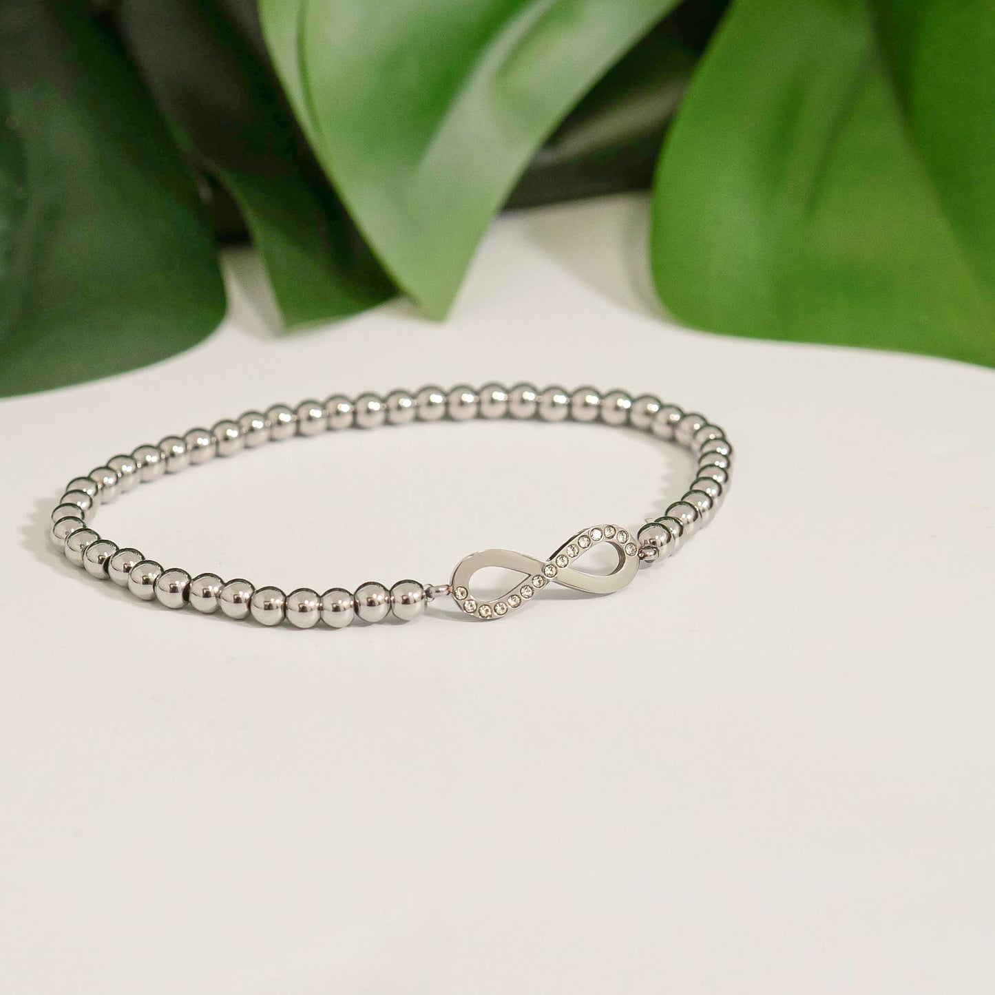18K Gold PVD Stainless Steel Stone Infinity Sign Metal Beaded Stretch Bracelet: Gold