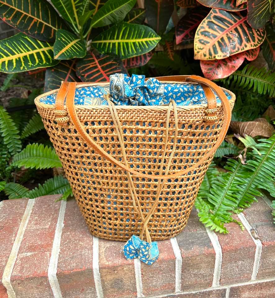 Ata Vine Open Weave Bucket Tote Bag with Batik Print Lining: Small