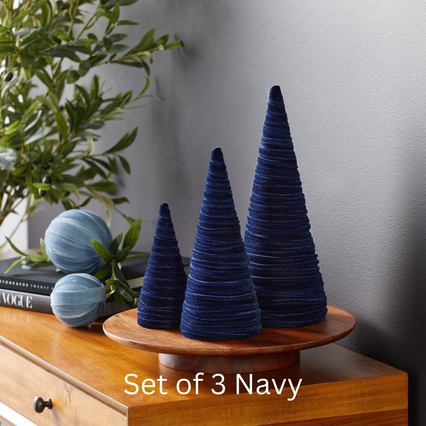Cones Velvet Set of 3 Holiday Tabletop, Mantel Tree Decor: Light Ivory
