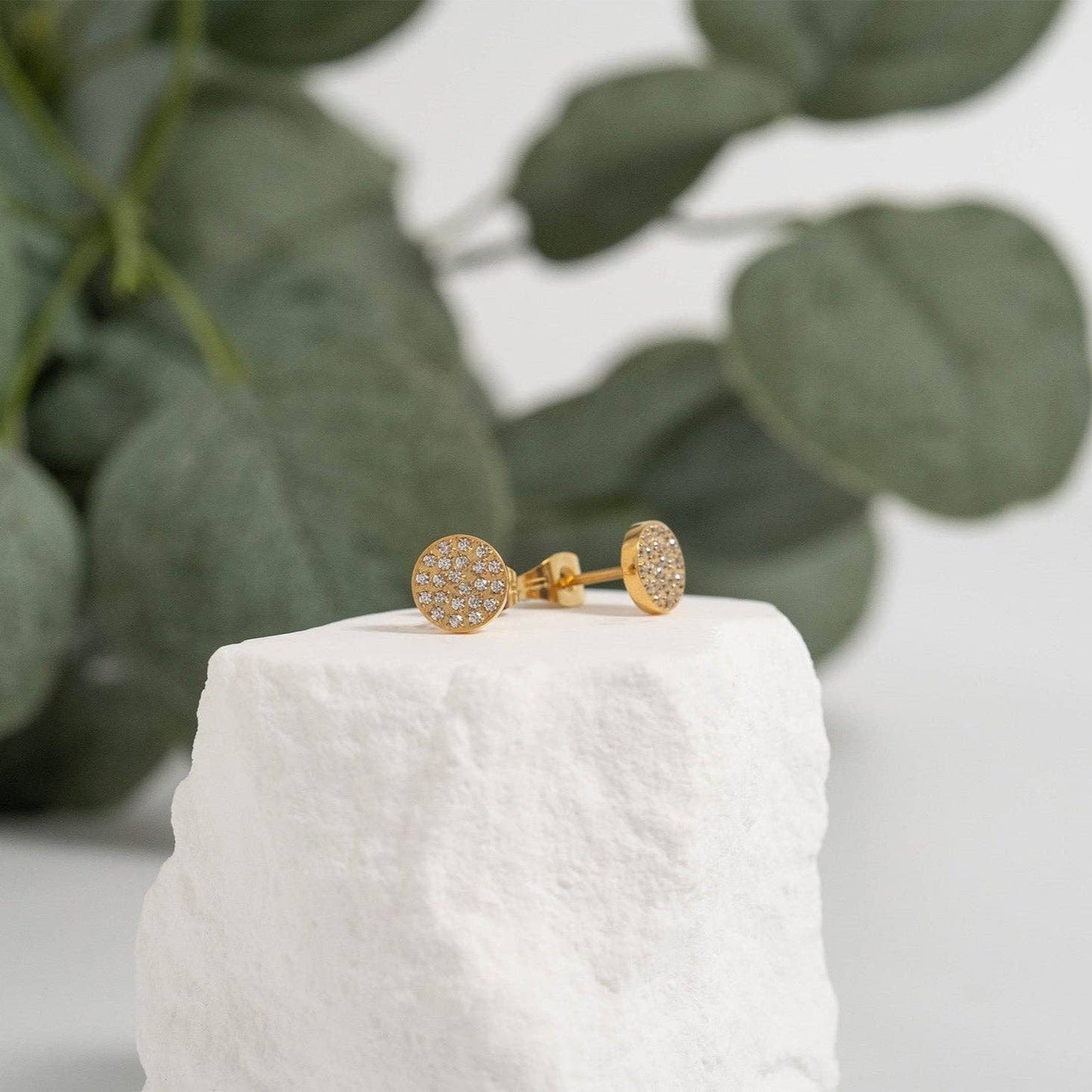 18K Gold PVD Stainless Steel Pave Stone Round Stud Earrings: Gold