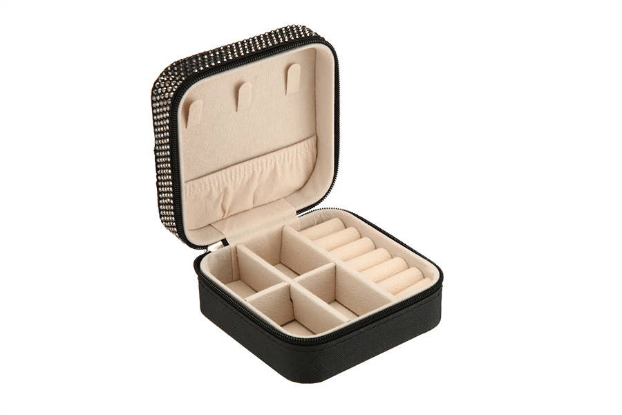 Ladies Rhinestone Multi Compartment Jewelry Box: White