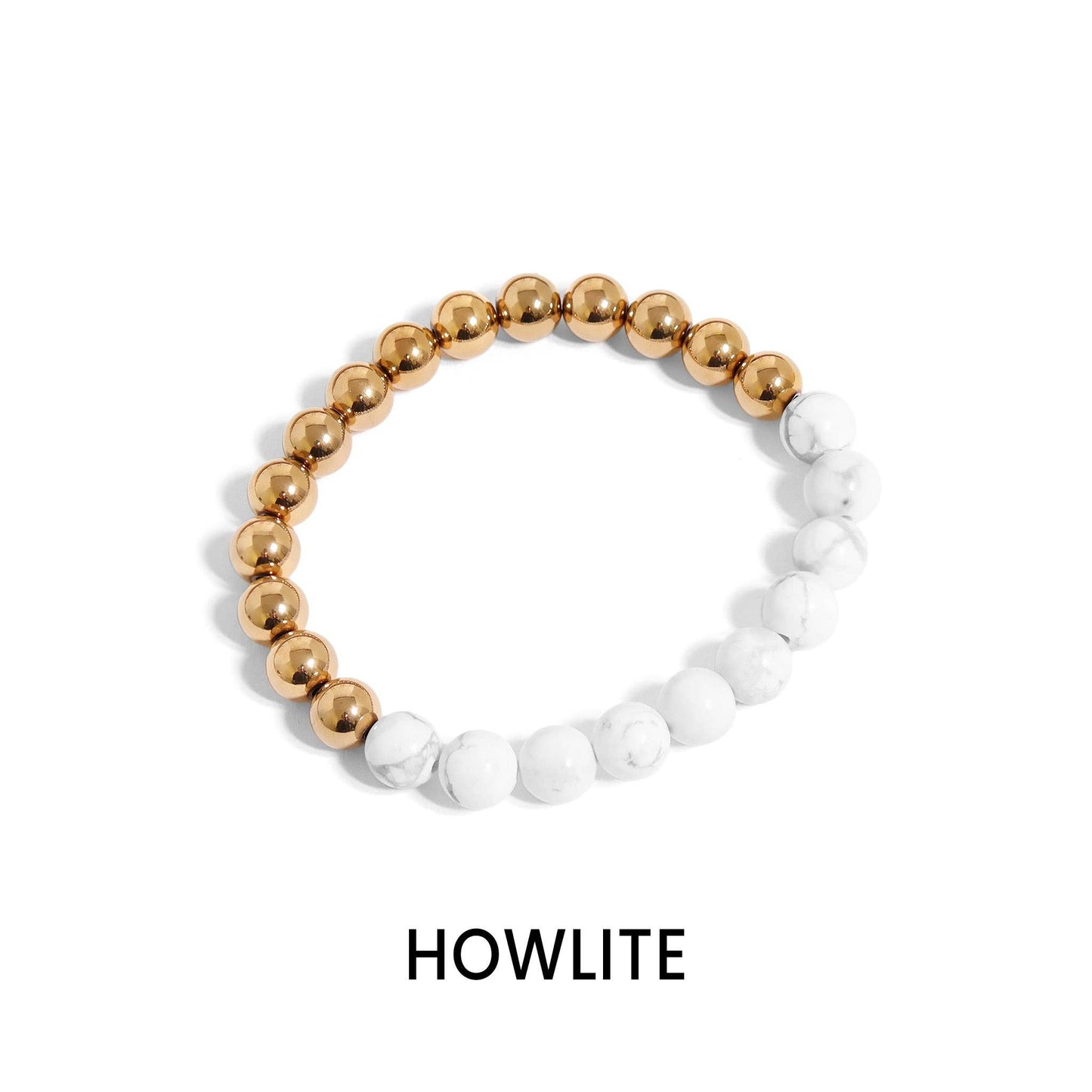 18K Gold PVD Stainless Steel Semi Precious Beaded Stretch Bracelets / SBB0355: Gold / Pearl