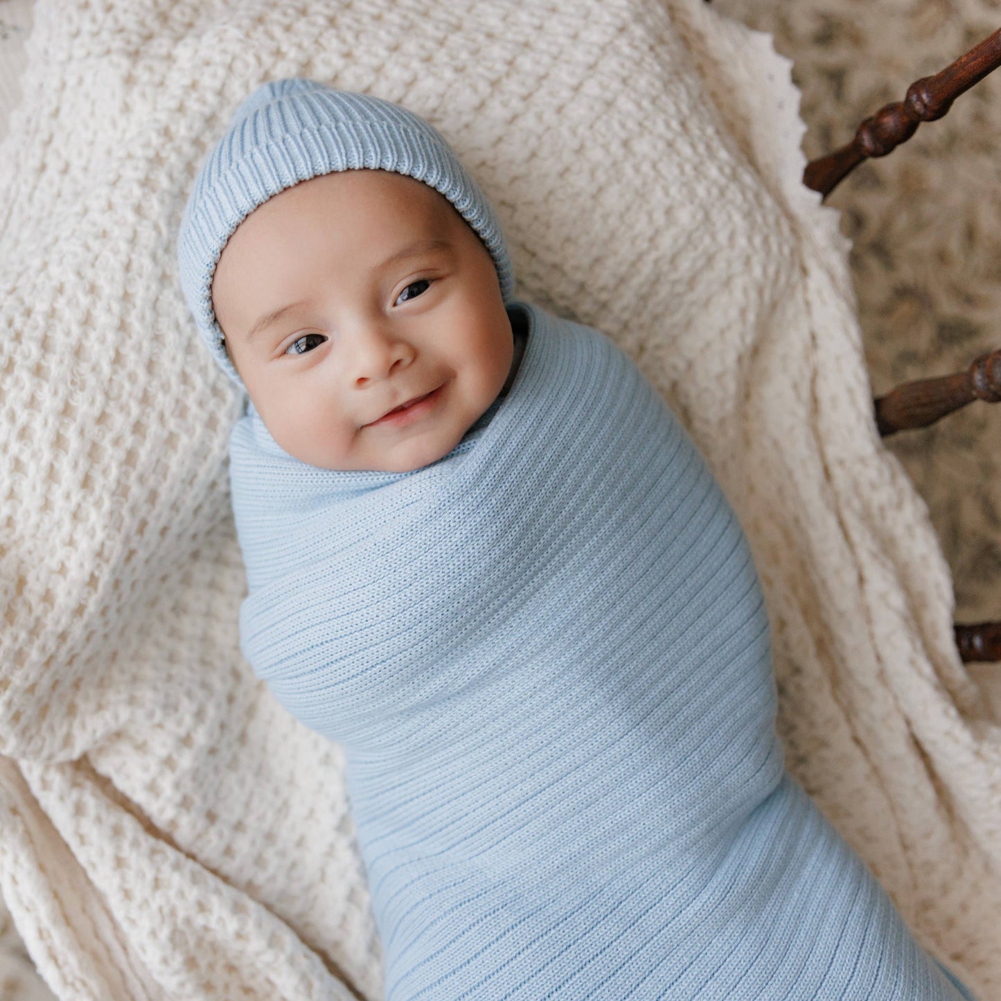 NEW! 100% Luxury Organic Cotton Ribbed Baby Swaddle Blanket: Sky Blue