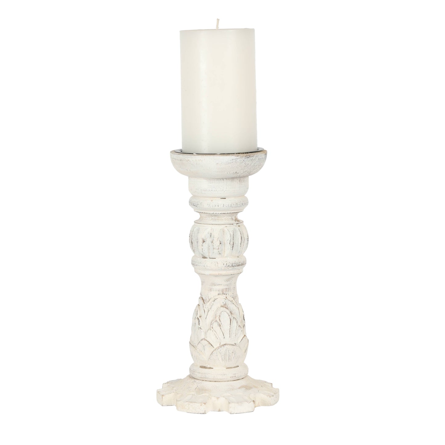10.25"Carved Wooden Whitewash Candle Stand