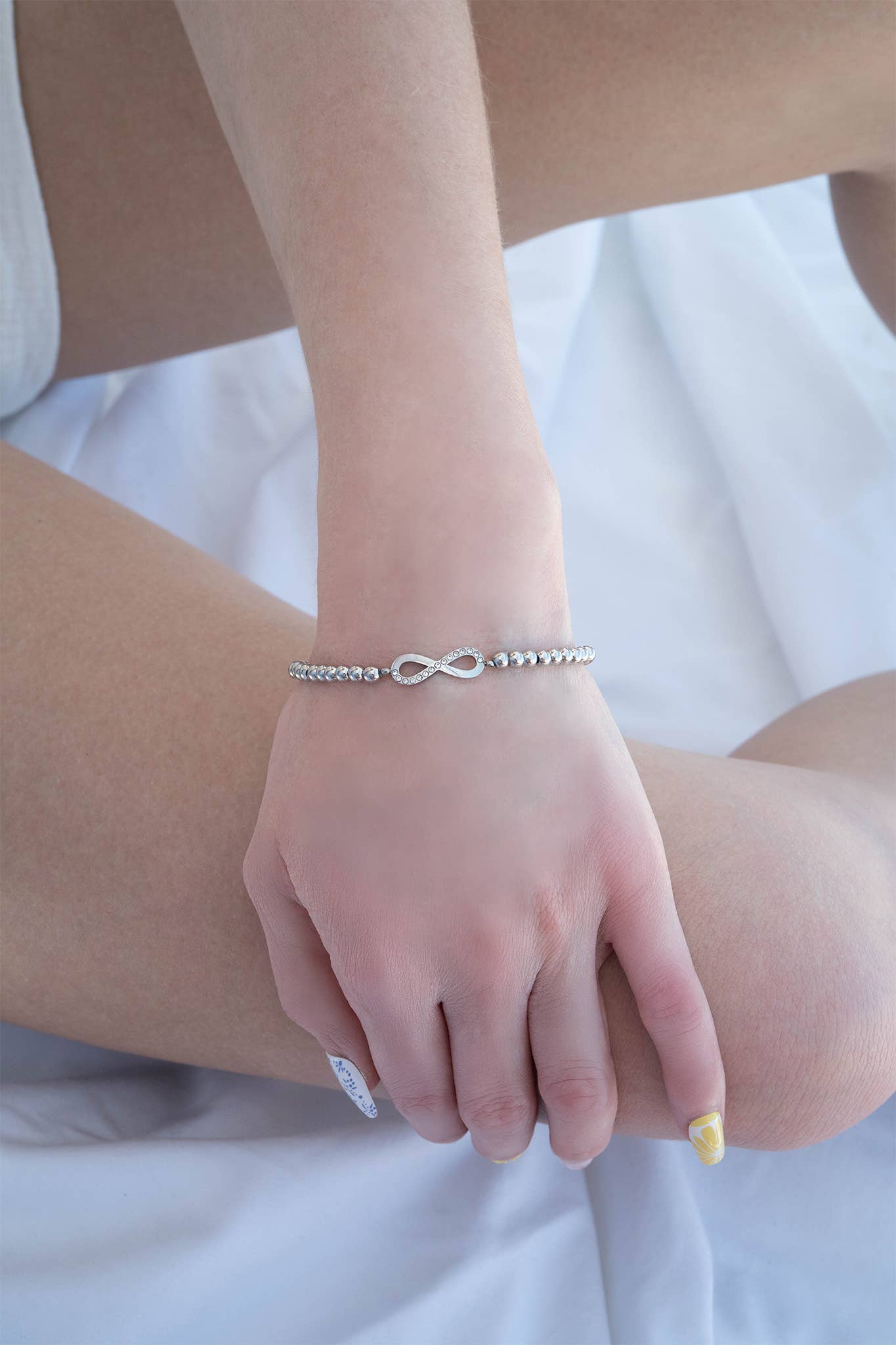 18K Gold PVD Stainless Steel Stone Infinity Sign Metal Beaded Stretch Bracelet: Gold