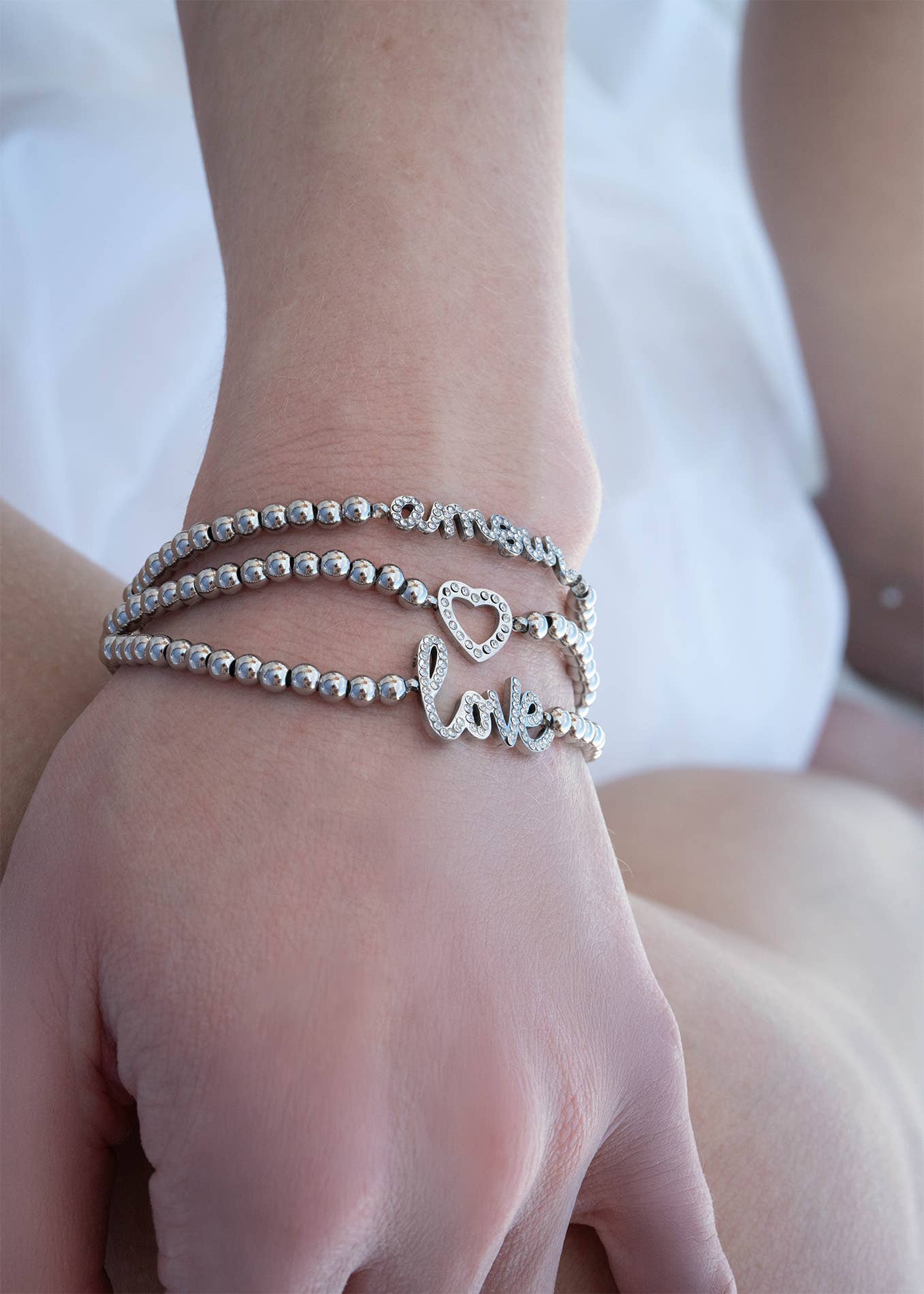 18K Gold PVD Stainless Steel Stone Heart Metal Beaded Stretch Bracelet: Stainless