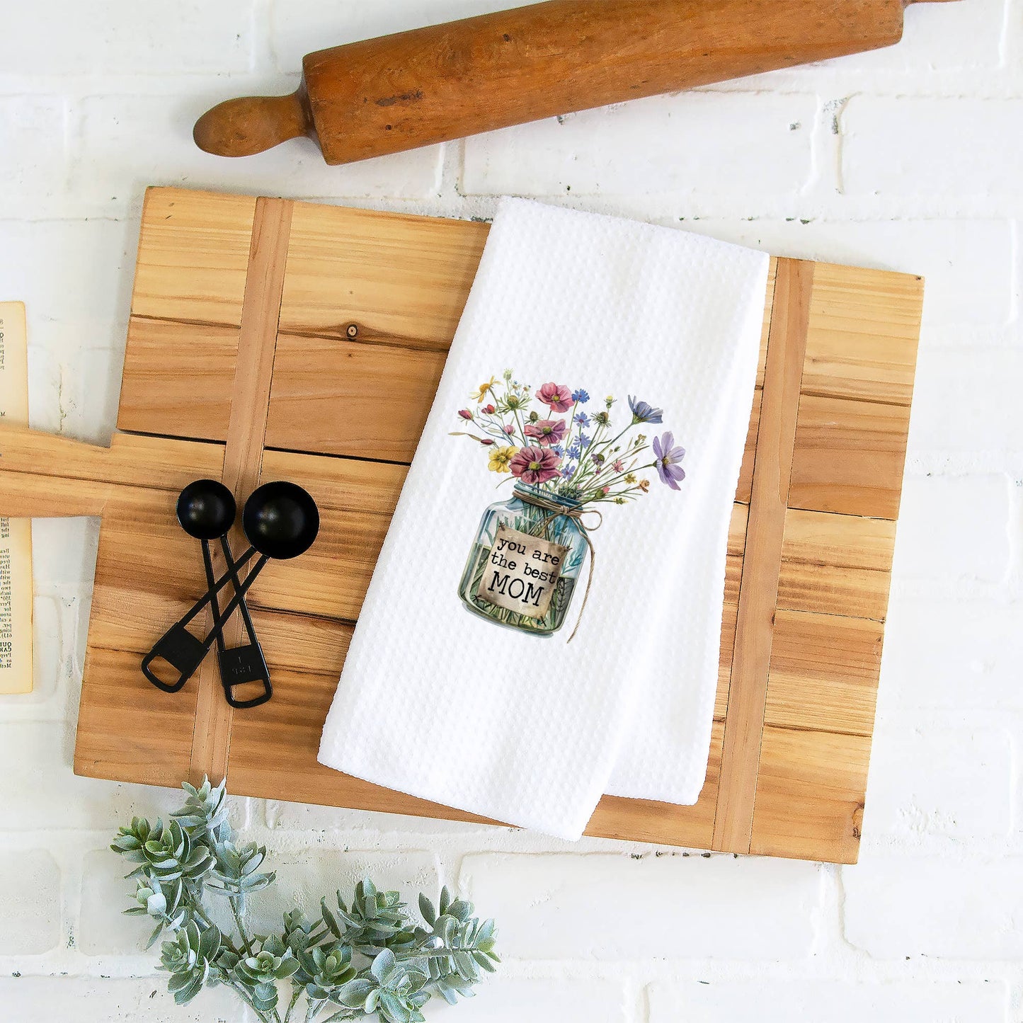 Best Mom Ever Bouquet Kitchen Towel, Mother's Day Dish Towel: Transparent Cellophane Sleeve