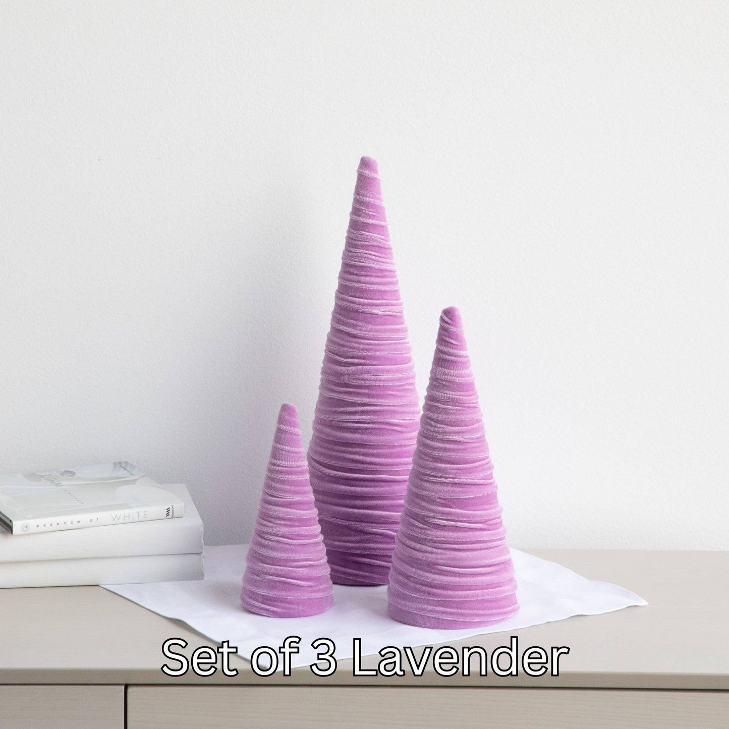 Cones Velvet Set of 3 Holiday Tabletop, Mantel Tree Decor: Silver