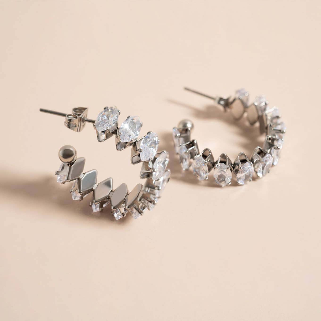 18K Gold PVD Stainless Steel Marquis CZ Stone Hoop Earrings: Gold