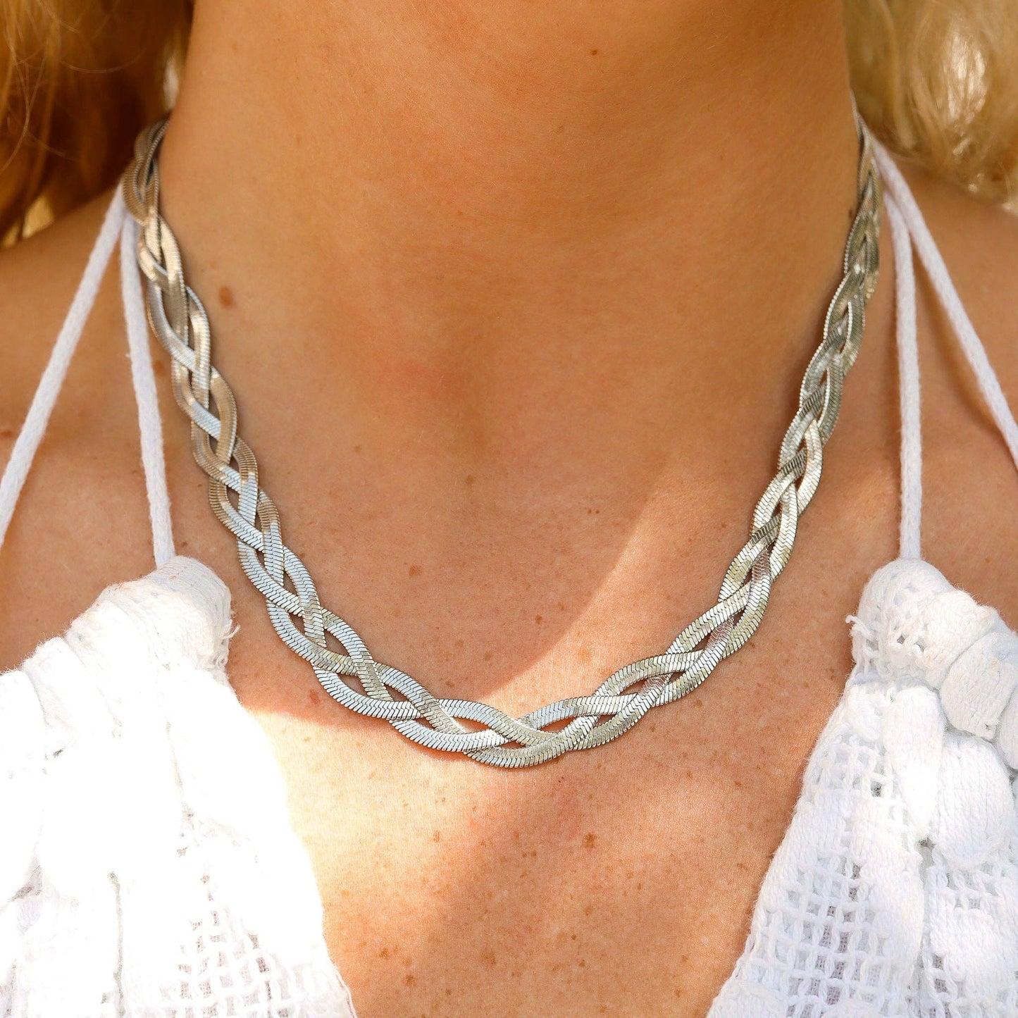 18K Gold PVD Stainless Steel Interwoven Herringbone Chain Necklace: Stainless