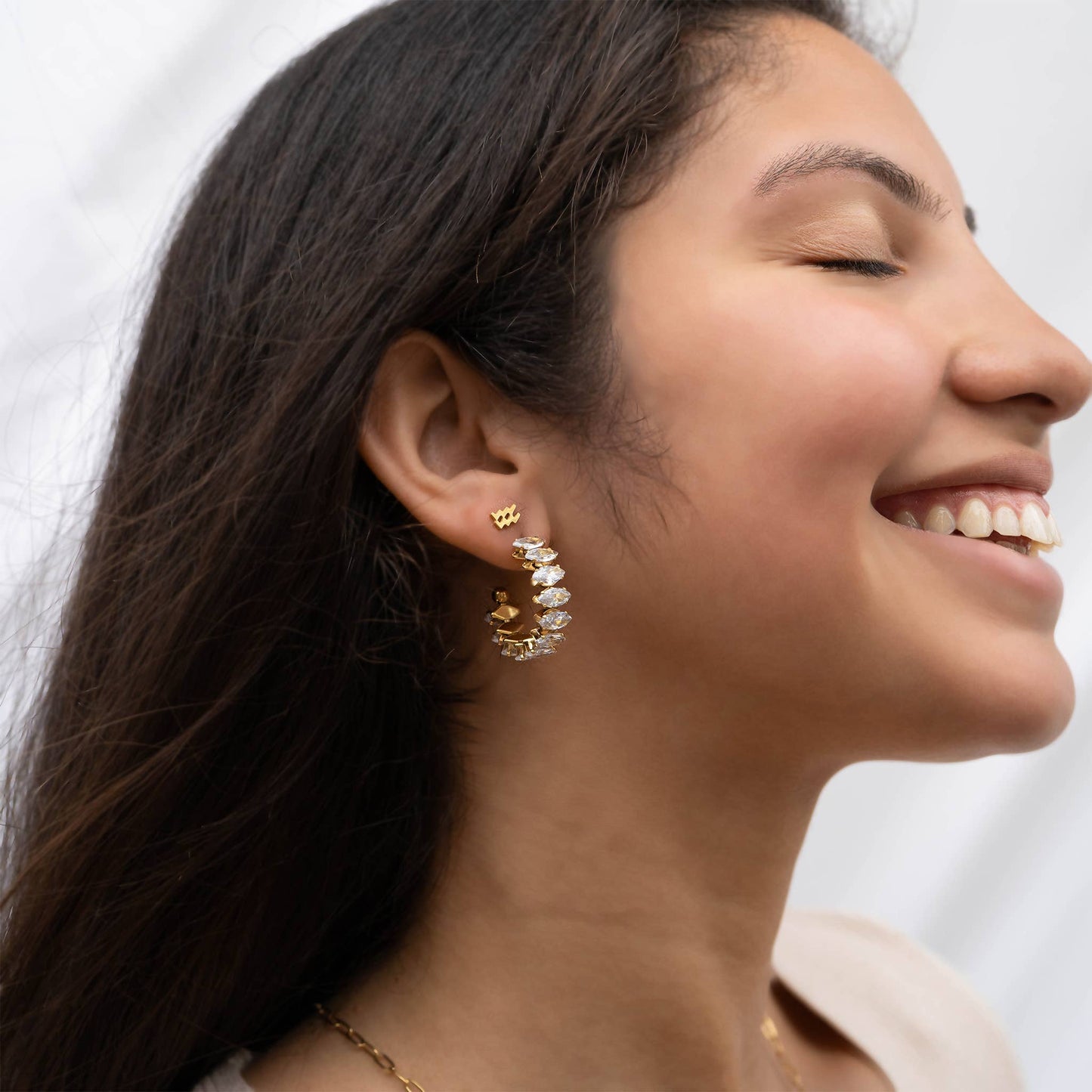 18K Gold PVD Stainless Steel Marquis CZ Stone Hoop Earrings: Gold