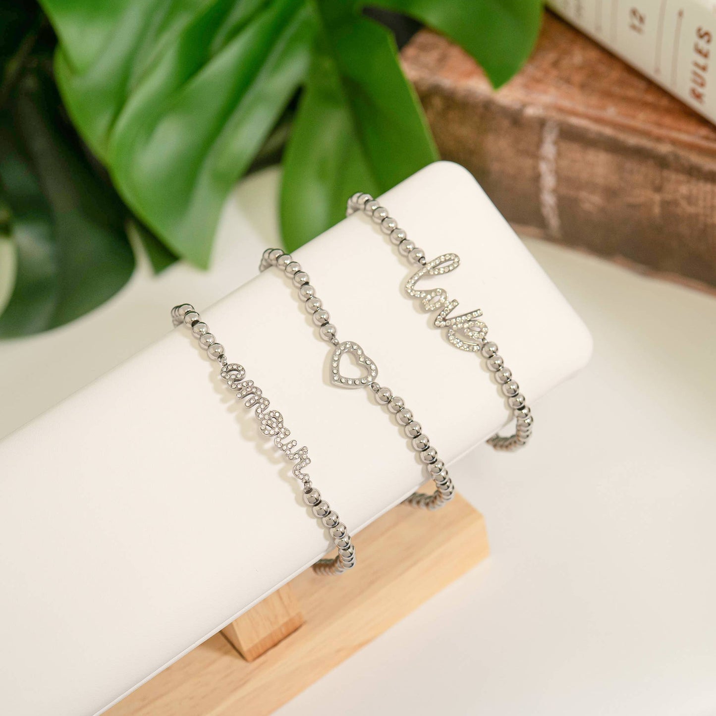18K Gold PVD Stainless Steel Stone Heart Metal Beaded Stretch Bracelet: Stainless