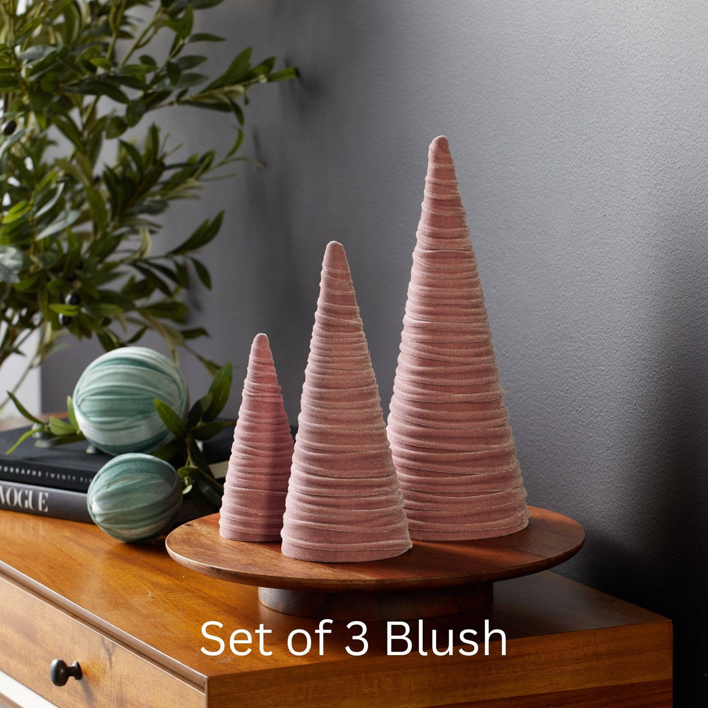Cones Velvet Set of 3 Holiday Tabletop, Mantel Tree Decor: Light Ivory