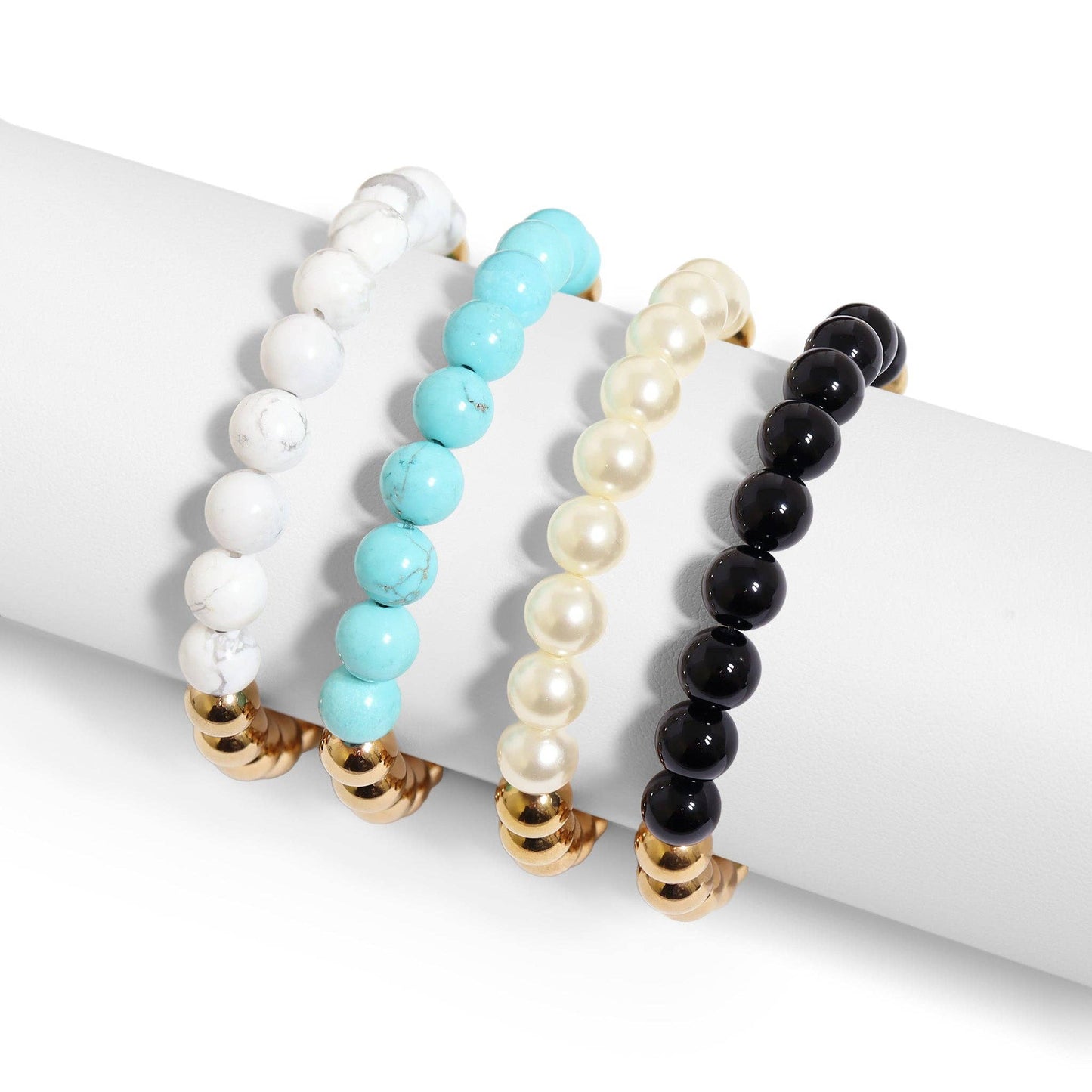 18K Gold PVD Stainless Steel Semi Precious Beaded Stretch Bracelets / SBB0355: Gold / Pearl