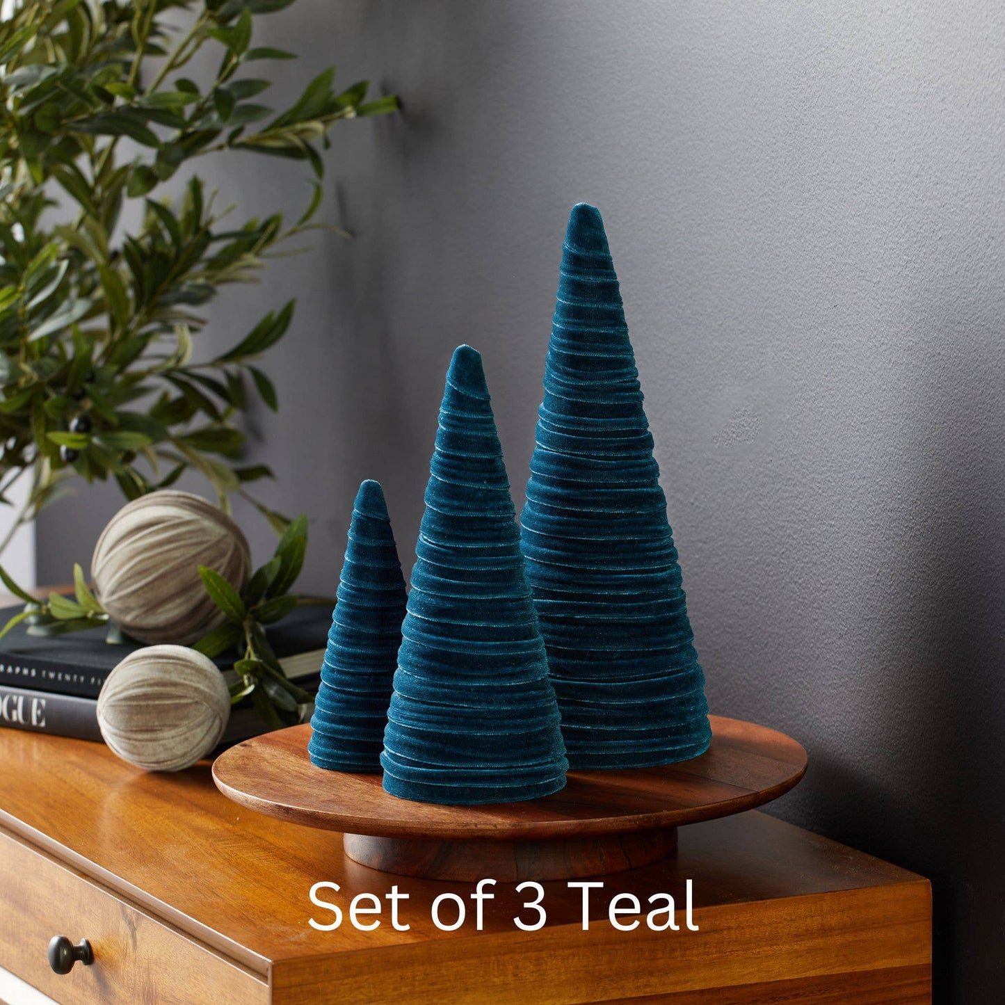 Cones Velvet Set of 3 Holiday Tabletop, Mantel Tree Decor: Silver