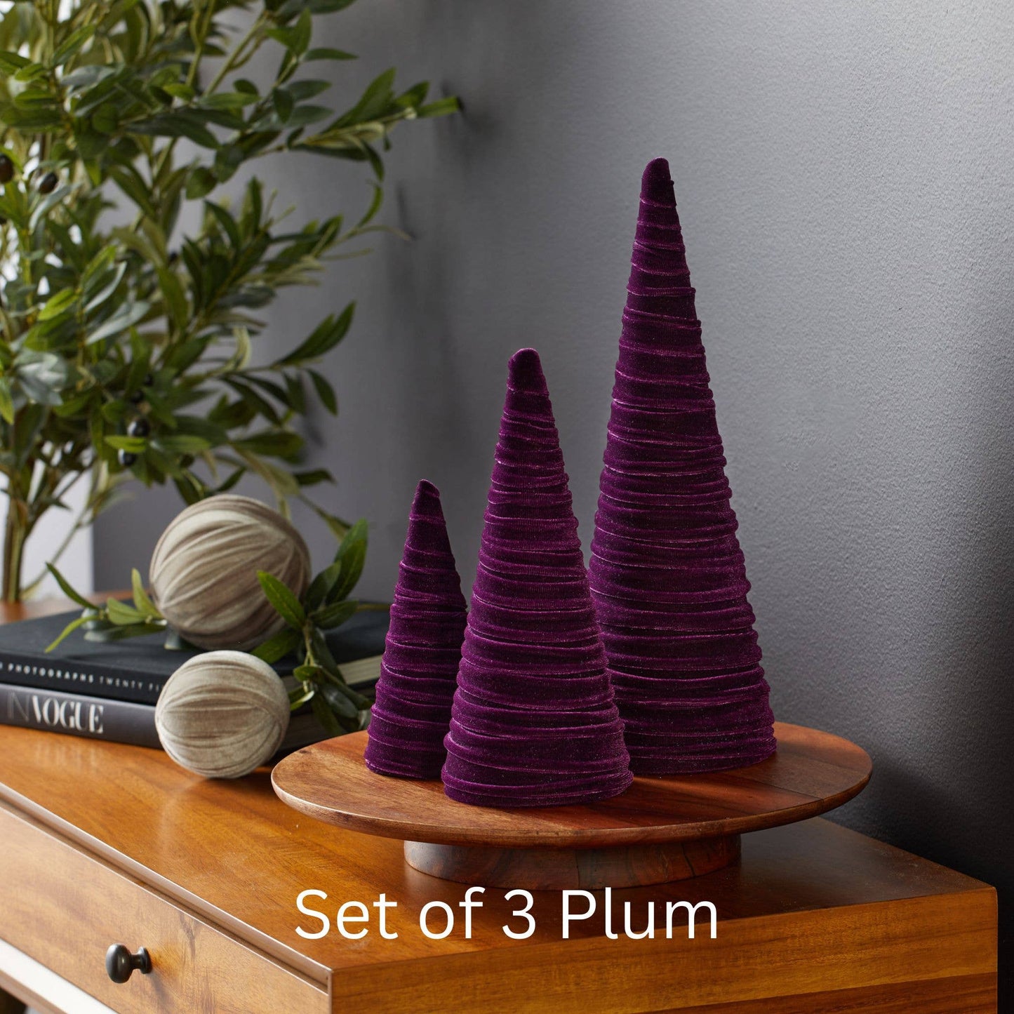 Cones Velvet Set of 3 Holiday Tabletop, Mantel Tree Decor: Olive