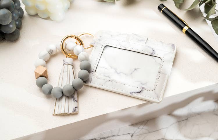 Leather Keychain Wallet With Wristlet Bangle Bracelet: Gray