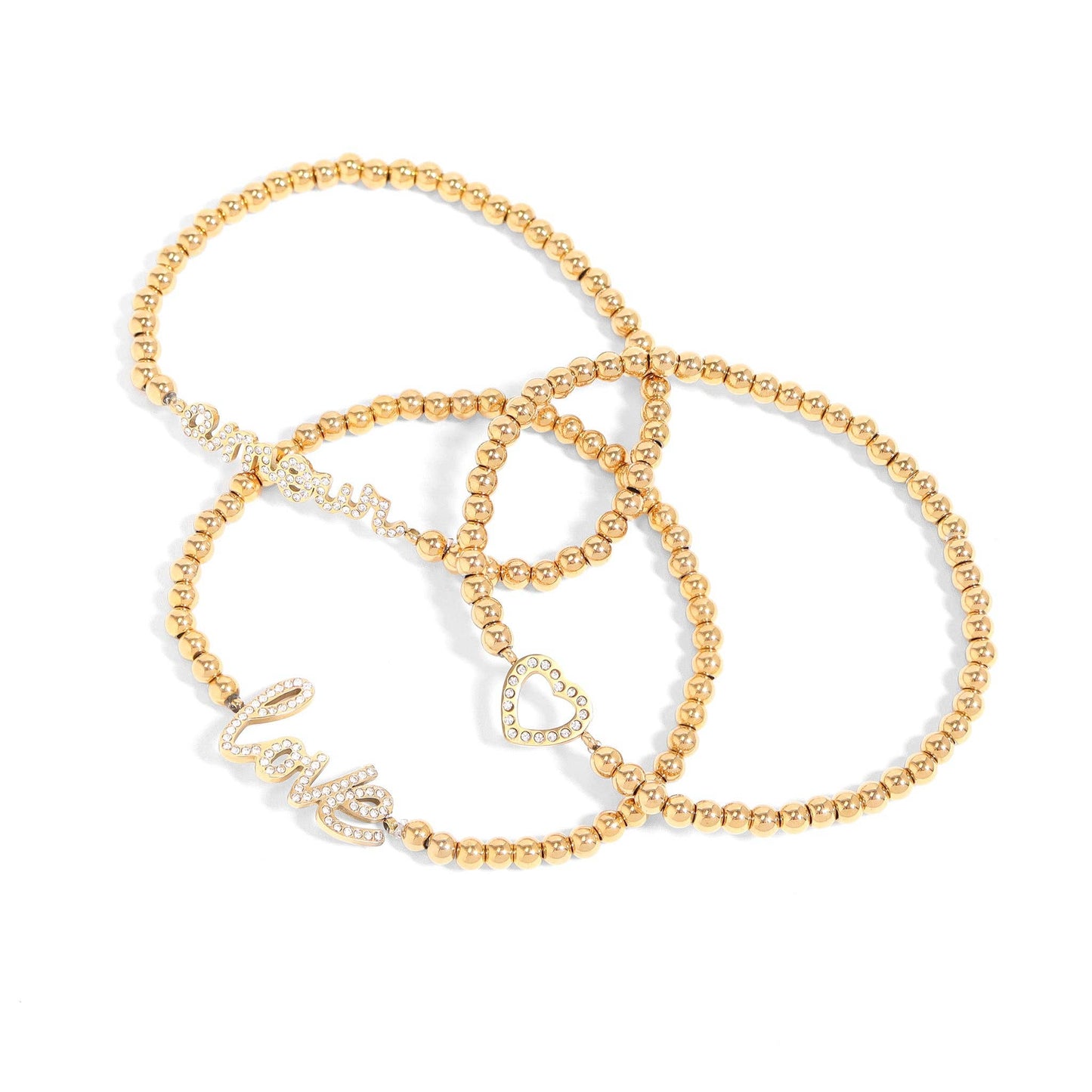 18K Gold PVD Stainless Steel Stone Heart Metal Beaded Stretch Bracelet: Stainless