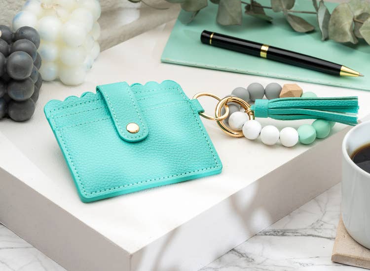 Leather Keychain Wallet With Wristlet Bangle Bracelet: Pink
