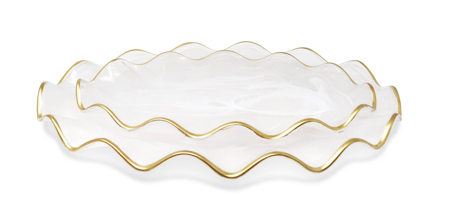 White Alabaster Oval Tray With Gold Ruffled Border (2 Sizes): Large