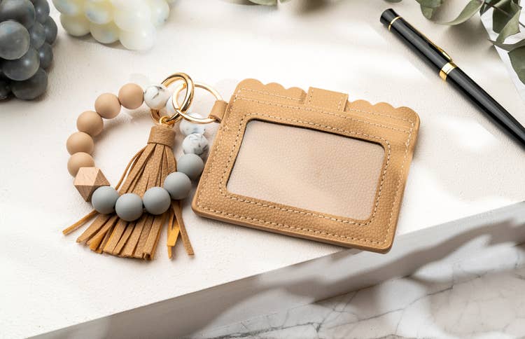 Leather Keychain Wallet With Wristlet Bangle Bracelet: Gray