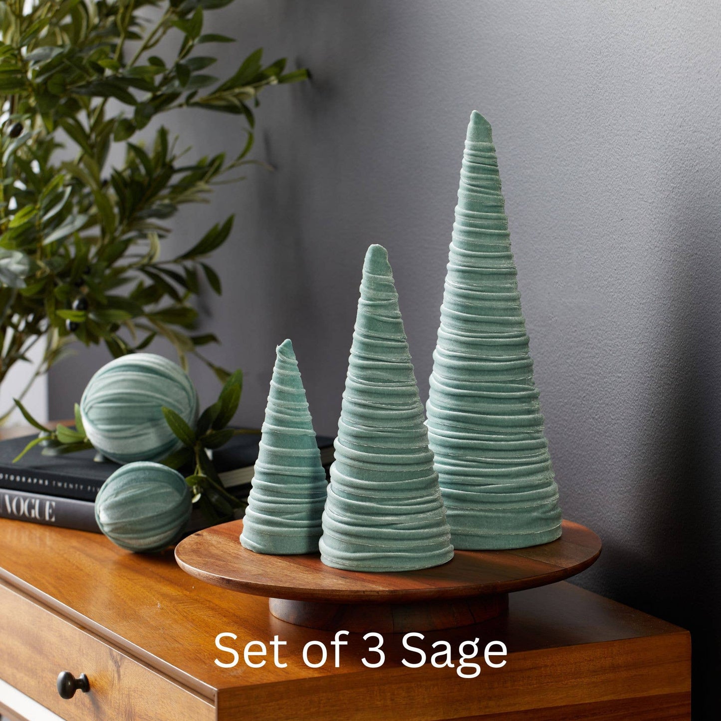 Cones Velvet Set of 3 Holiday Tabletop, Mantel Tree Decor: Light Ivory