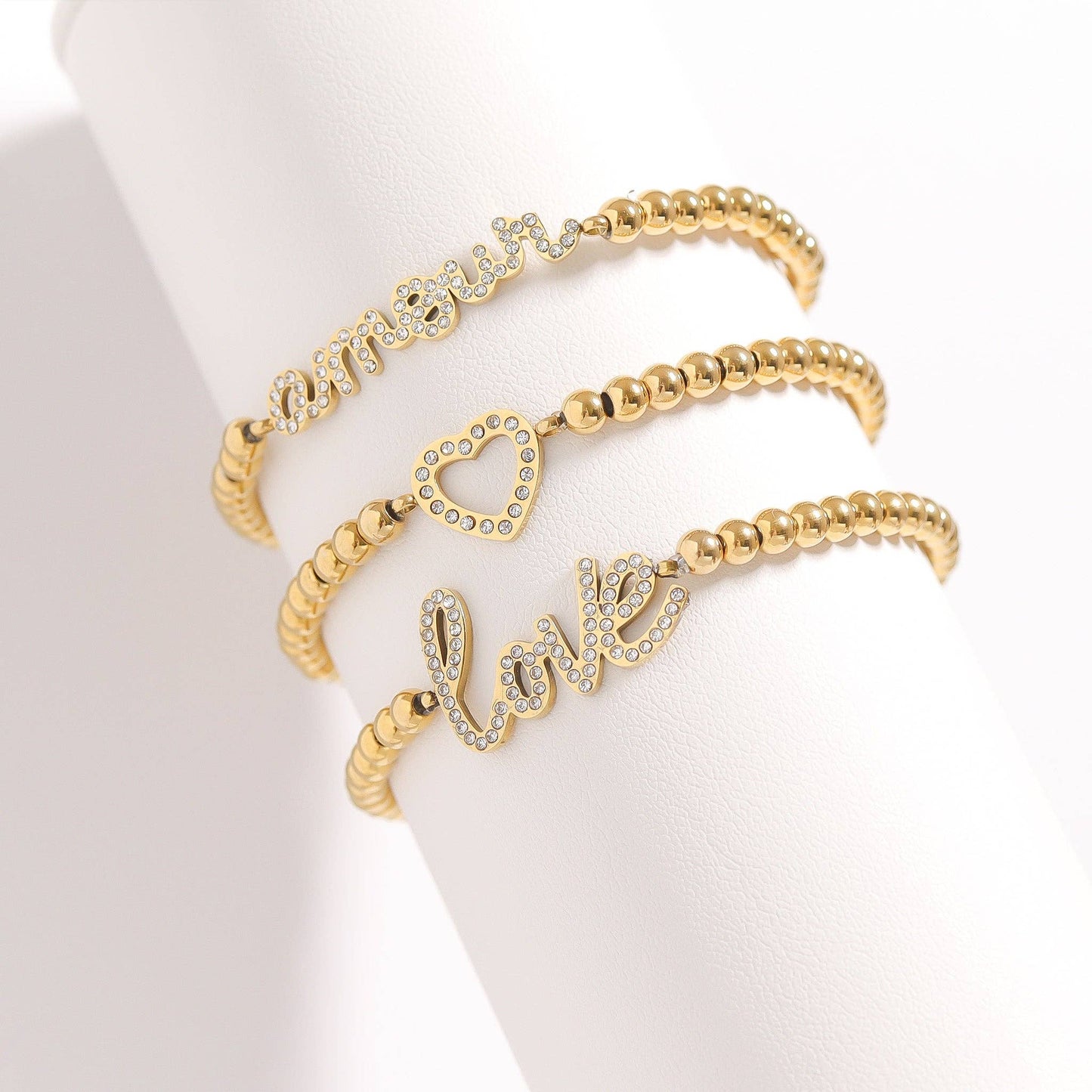 18K Gold PVD Stainless Steel Stone Heart Metal Beaded Stretch Bracelet: Stainless
