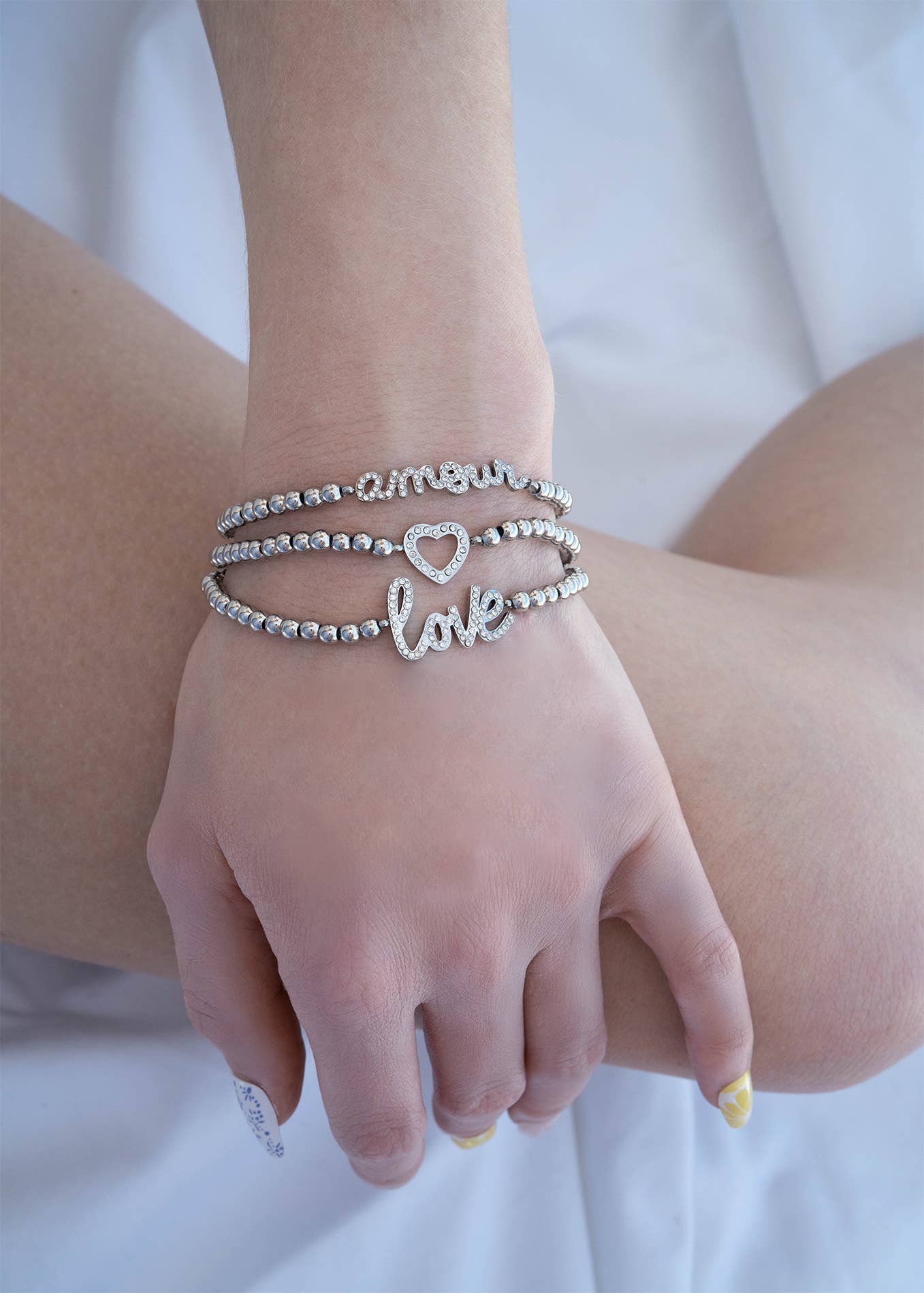 18K Gold PVD Stainless Steel Stone Heart Metal Beaded Stretch Bracelet: Stainless