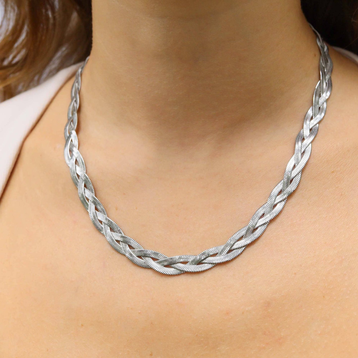 18K Gold PVD Stainless Steel Interwoven Herringbone Chain Necklace: Stainless