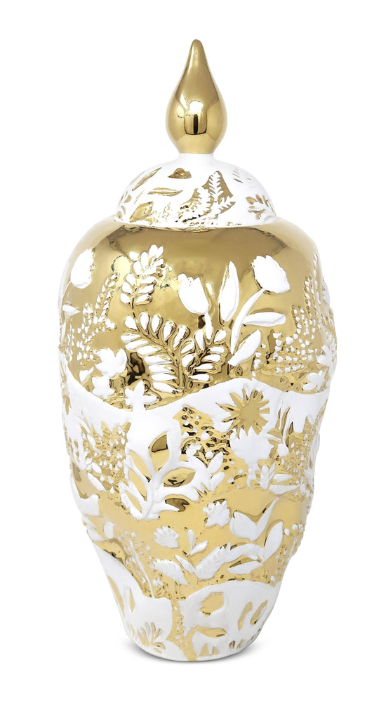 Ornate White and Gold Ginger Jar: Large