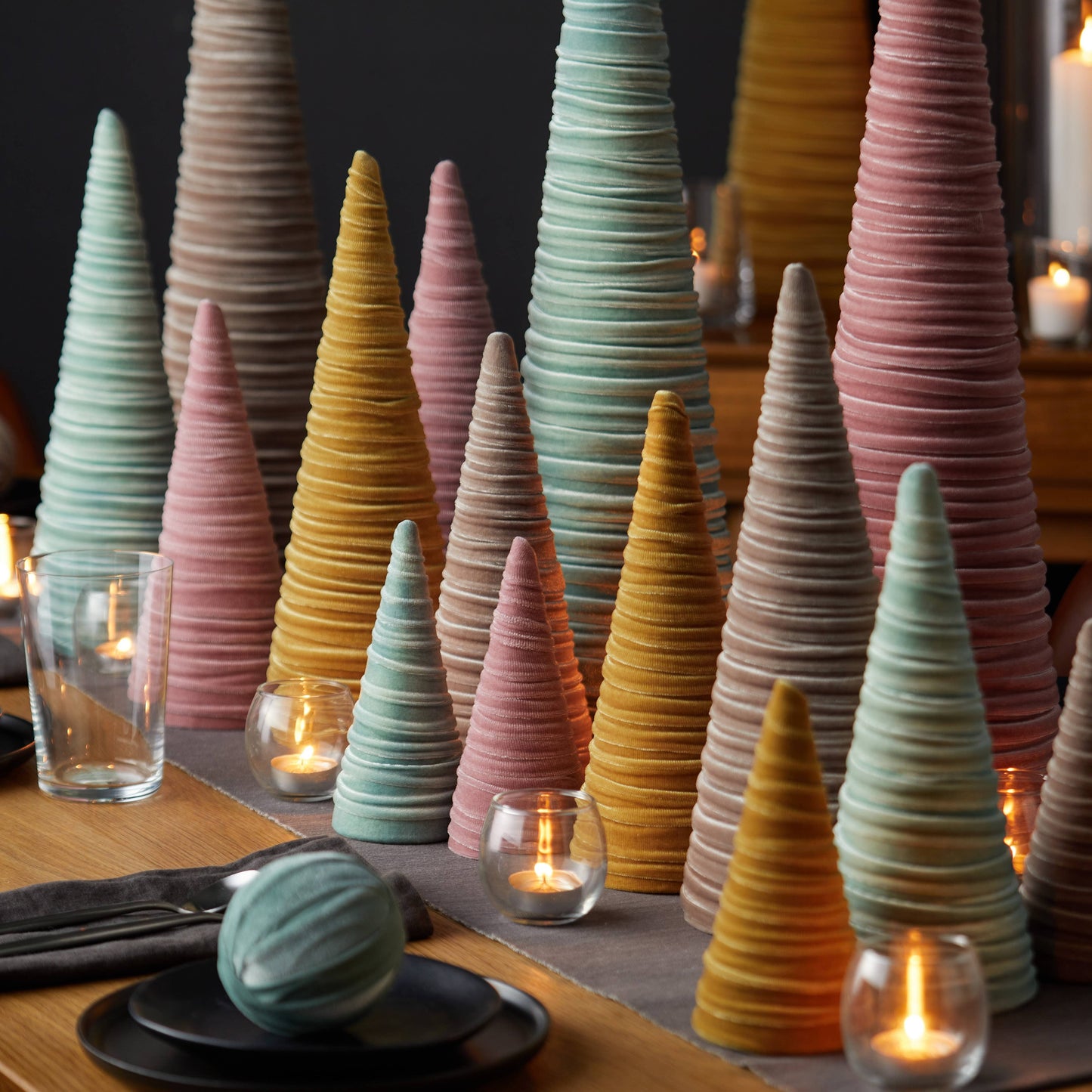 Cones Velvet Set of 3 Holiday Tabletop, Mantel Tree Decor: Olive