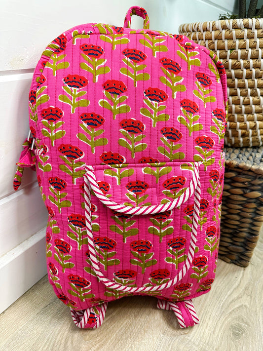 Handmade Quilted Backpack | Pink Floral Print Backpack Bag