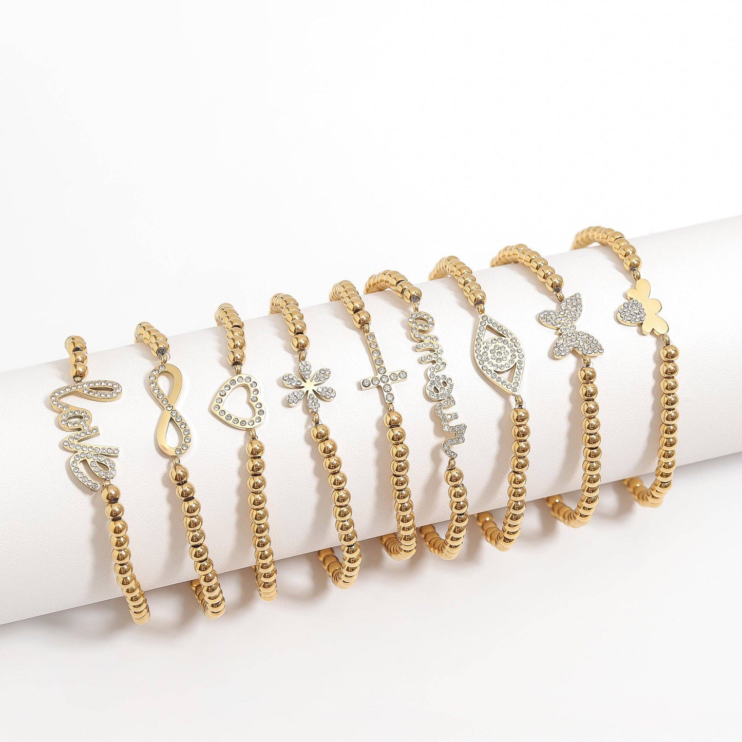 18K Gold PVD Stainless Steel Stone Heart Metal Beaded Stretch Bracelet: Gold