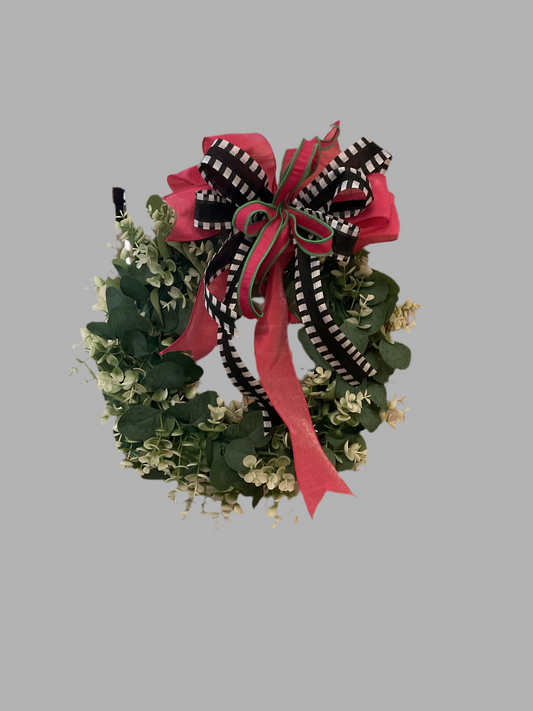 Boxwood Wreath with Pink and Checked Bow