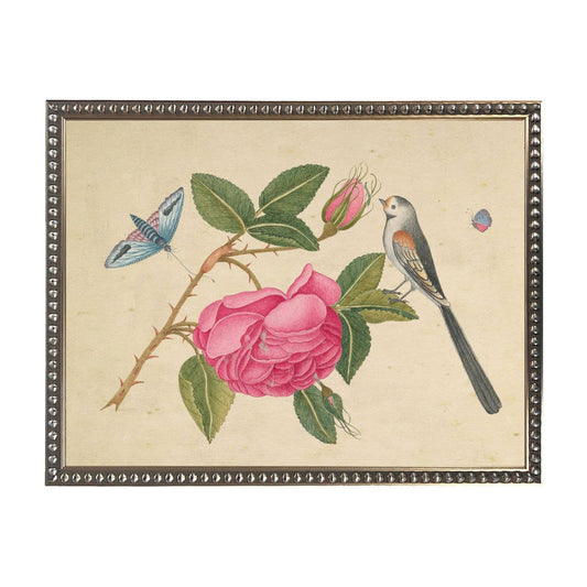Bookplate L with birds on a distressed background: Beaded gold frame 1315-70 / 10" X 8"