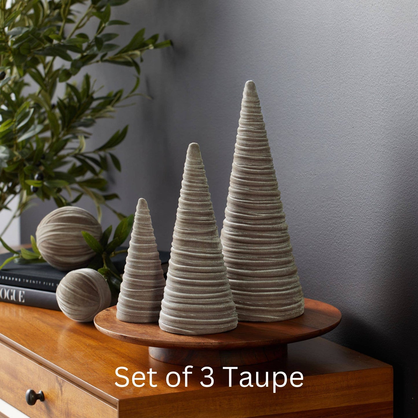 Cones Velvet Set of 3 Holiday Tabletop, Mantel Tree Decor: Olive