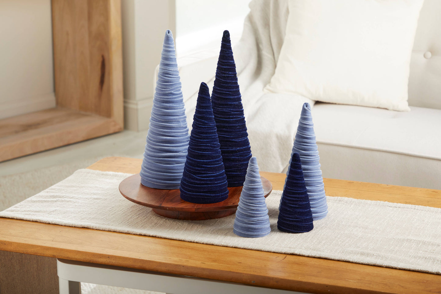 Cones Velvet Set of 3 Holiday Tabletop, Mantel Tree Decor: Olive